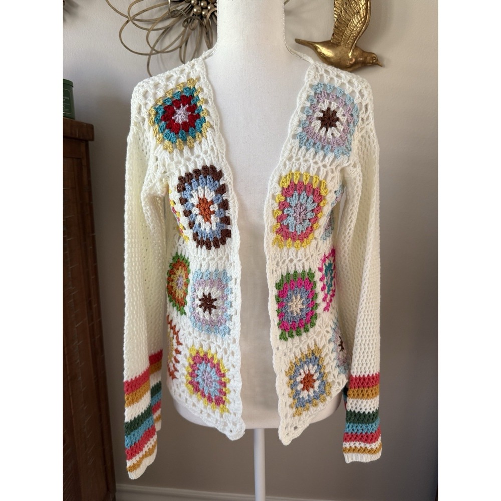 Boho Crochet Granny Square Cardigan Sweater Small Open Front Festival Retro